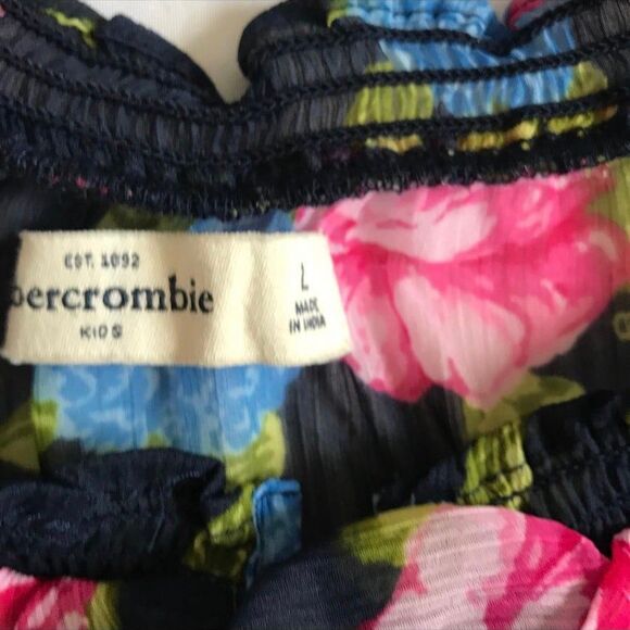 Abercrombie Kids blouse top Girls L Large light floral navy pink smocked hem - Picture 2 of 9